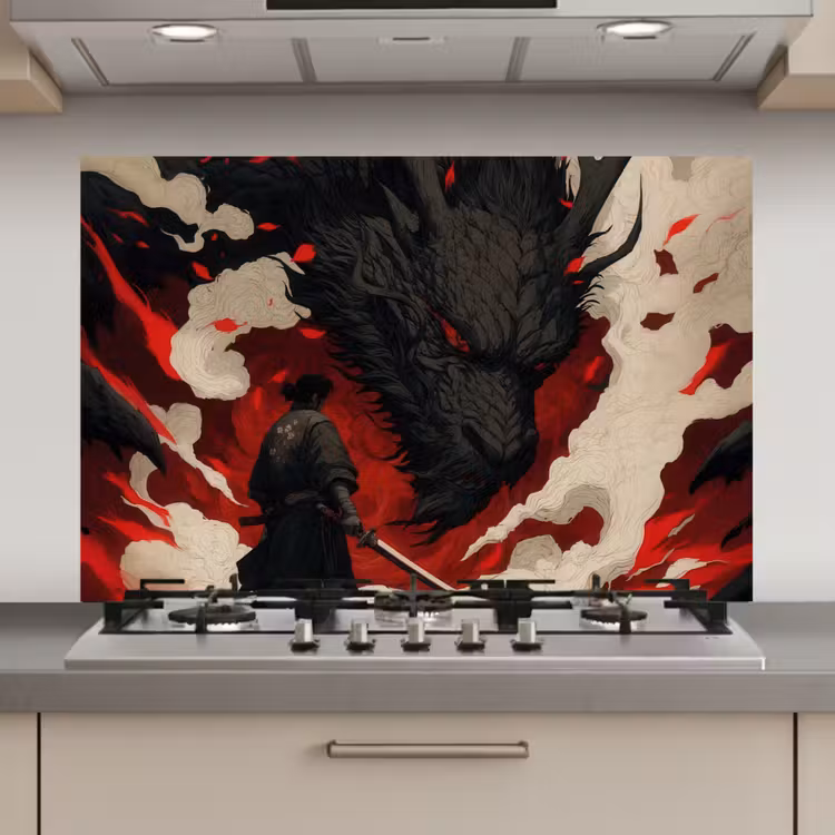 Krijger - Draak - Zwart - Rood - Rook keuken achterwand spatscherm klein -3d_website