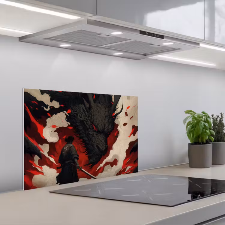 Krijger - Draak - Zwart - Rood - Rook keuken achterwand spatscherm klein -3d_schuin