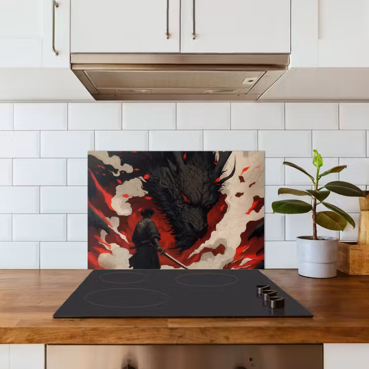 Krijger - Draak - Zwart - Rood - Rook keuken achterwand spatscherm klein -sfeer2