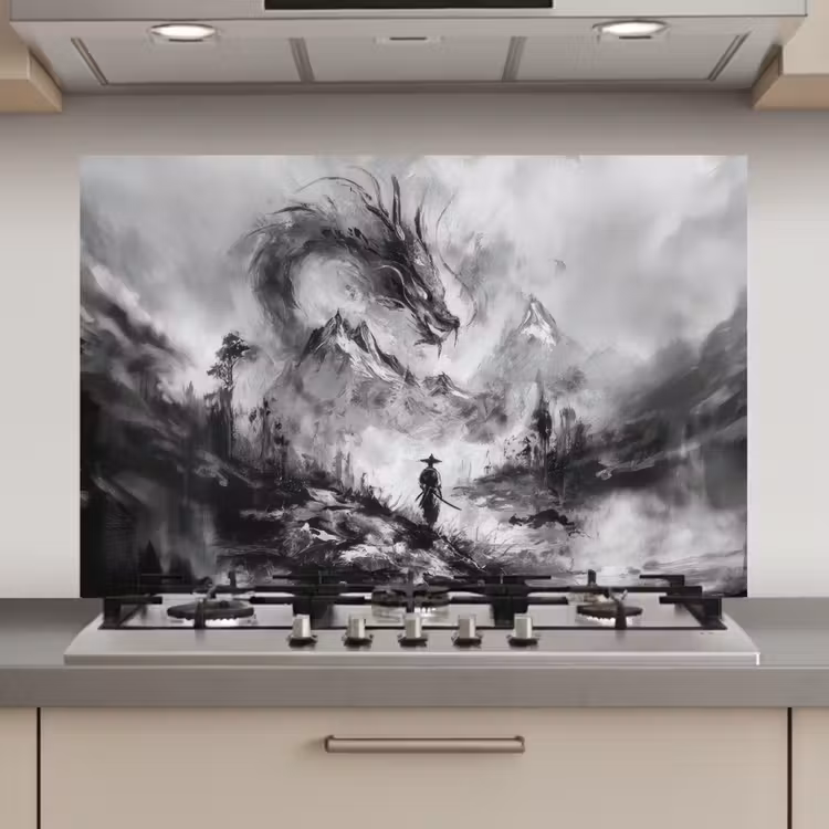 Krijger - Draak - Grijs keuken achterwand spatscherm klein -3d_website