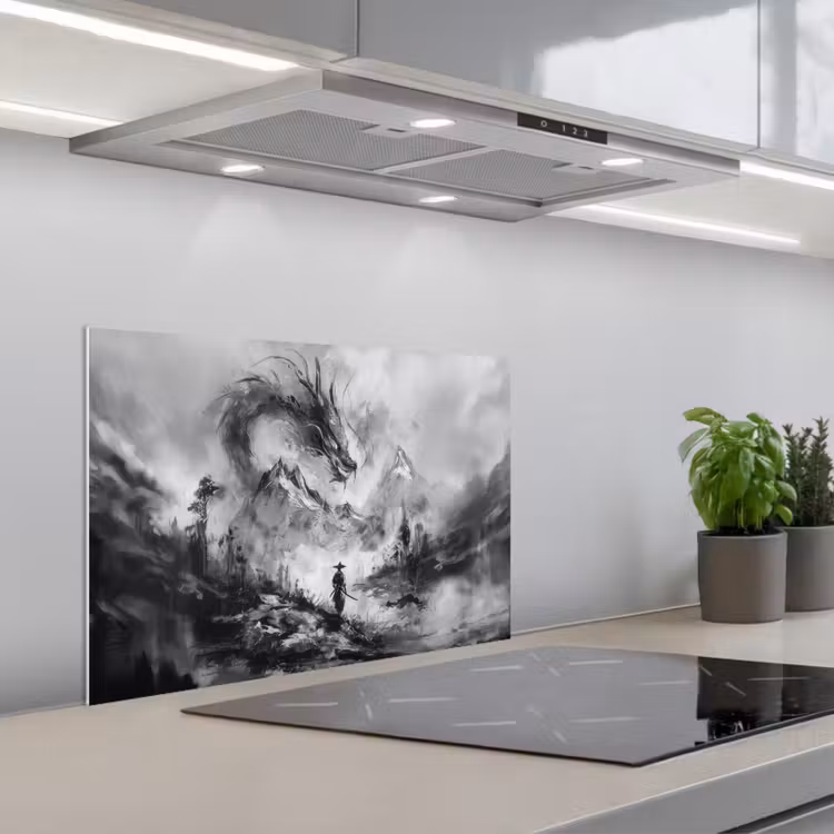 Krijger - Draak - Grijs keuken achterwand spatscherm klein -3d_schuin
