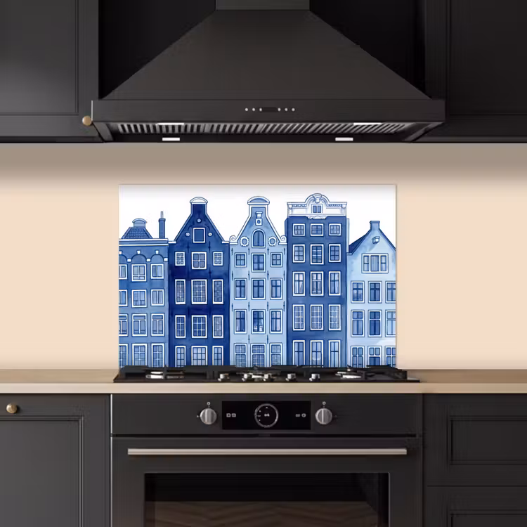 Aquarel - Grachtenpanden - Delfts - Blauw keuken achterwand spatscherm klein -sfeer1