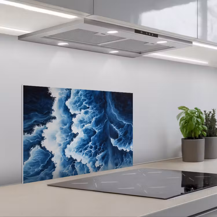 Golven - Blauw - Schuim keuken achterwand spatscherm klein -3d_schuin
