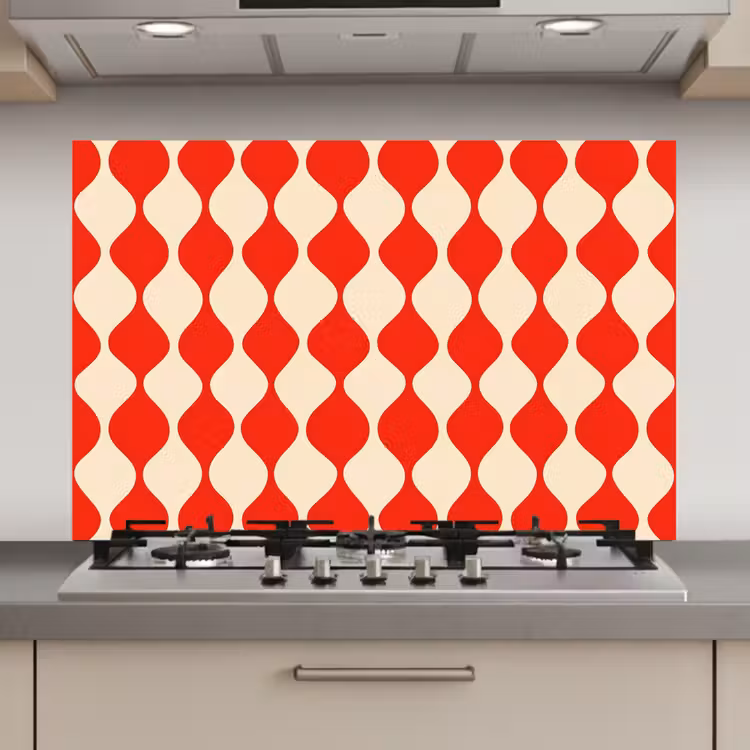 Golvend patroon - Retro - Rood - Beige keuken achterwand spatscherm klein 900 -3d_website