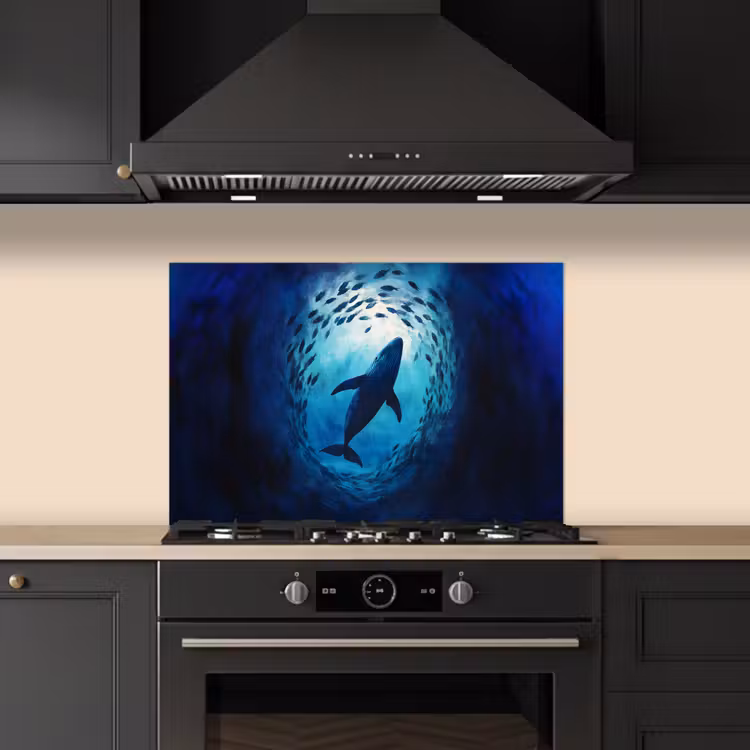 Walvis - Vissen - Donkerblauw keuken achterwand spatscherm klein -sfeer1