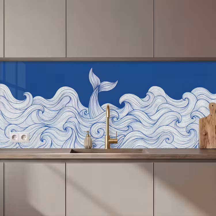 Walvis - Staart - Golven - Lijntekening - Blauw keuken achterwand 2 middel zz_3dshopping