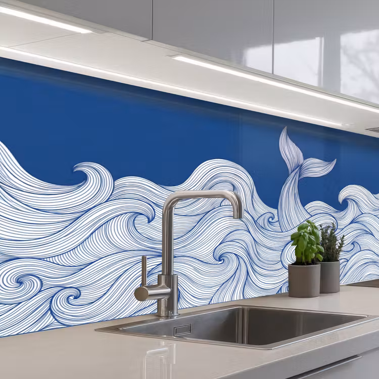 Walvis - Staart - Golven - Lijntekening - Blauw keuken achterwand 2 middel -3d_schuin