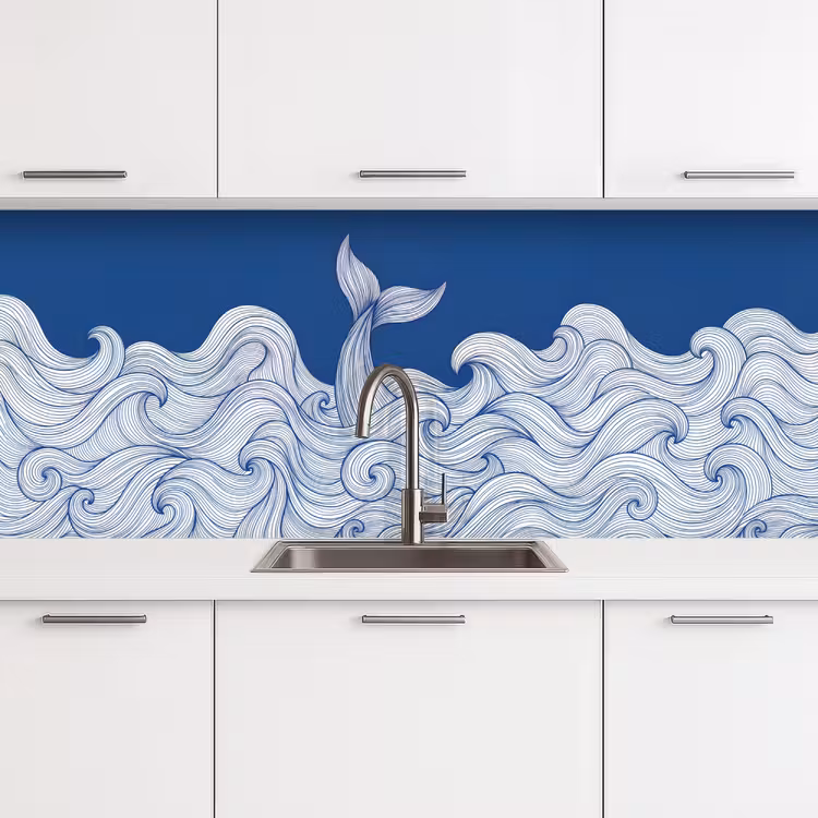 Walvis - Staart - Golven - Lijntekening - Blauw keuken achterwand 2 middel -3d