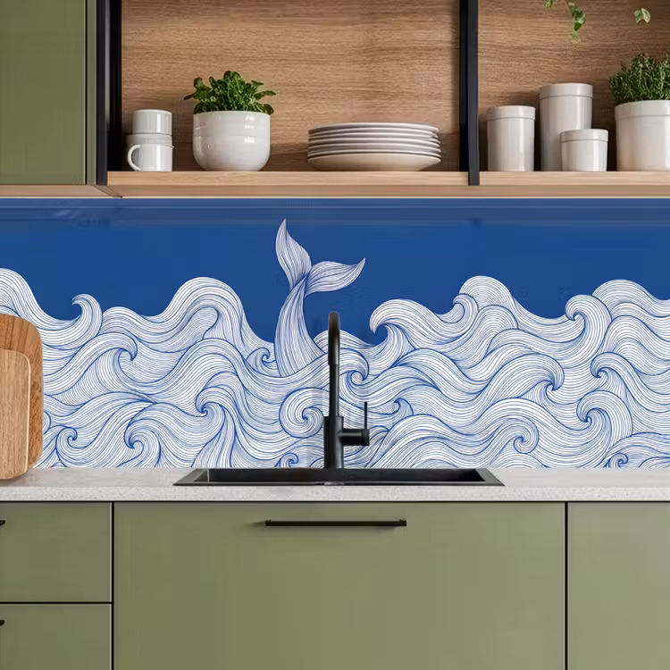 Walvis - Staart - Golven - Lijntekening - Blauw keuken achterwand 2 middel -sfeer3