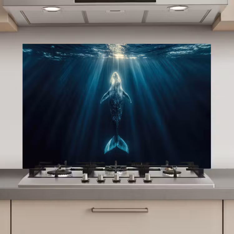 Walvis - Water - Zonnestralen - Blauw keuken achterwand spatscherm klein -3d_website