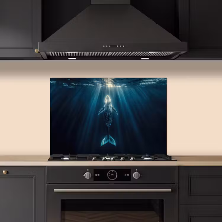 Walvis - Water - Zonnestralen - Blauw keuken achterwand spatscherm klein -sfeer1