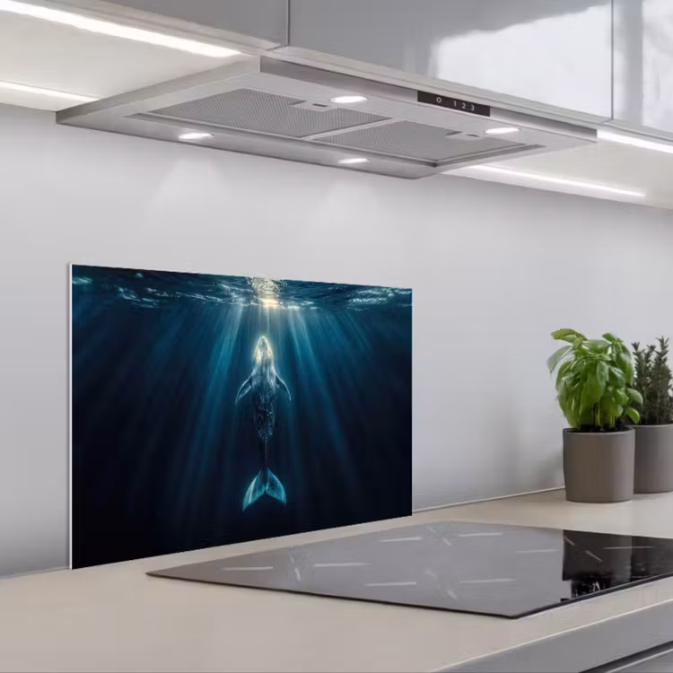 Walvis - Water - Zonnestralen - Blauw keuken achterwand spatscherm klein -3d_schuin