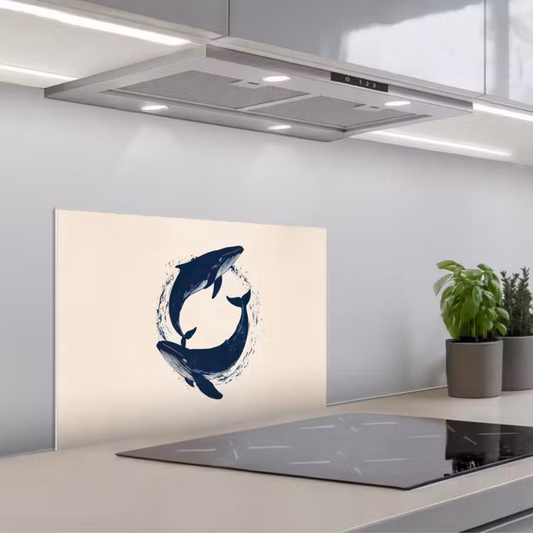 Walvissen - Spetters - Cirkel - Donkerblauw keuken achterwand spatscherm klein -3d_schuin