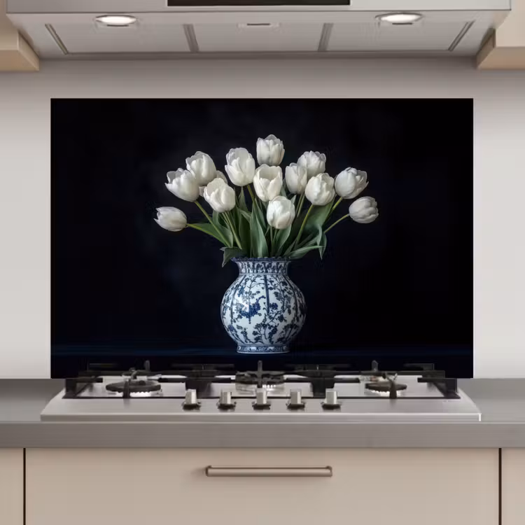 Wit - Bloemen - Tulpen - Vaas keuken achterwand spatscherm klein -3d_website