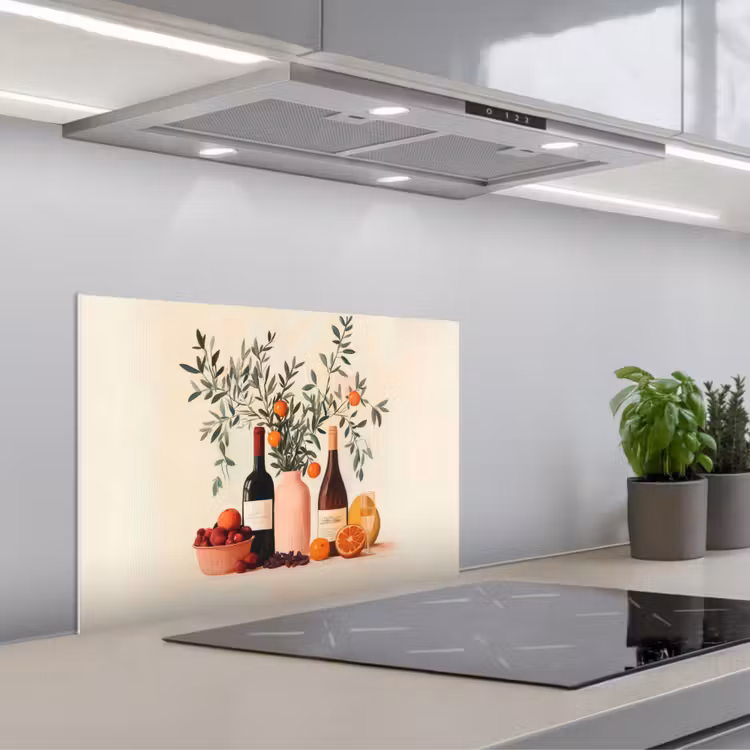 Wijnflessen - Takken - Sinaasappels keuken achterwand spatscherm klein -3d_schuin