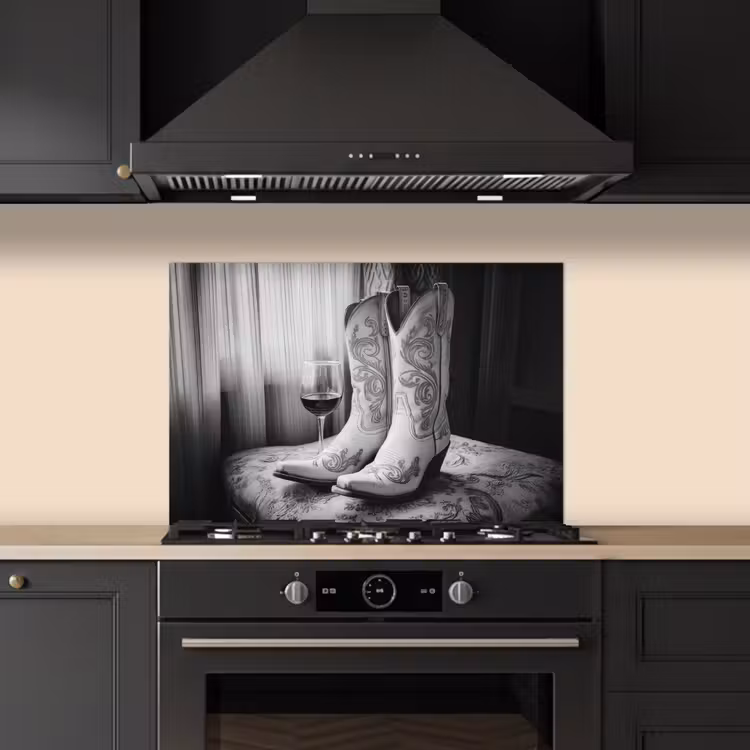 Wijn - Cowboylaarzen - Raamlicht - Wit keuken achterwand spatscherm klein -sfeer1