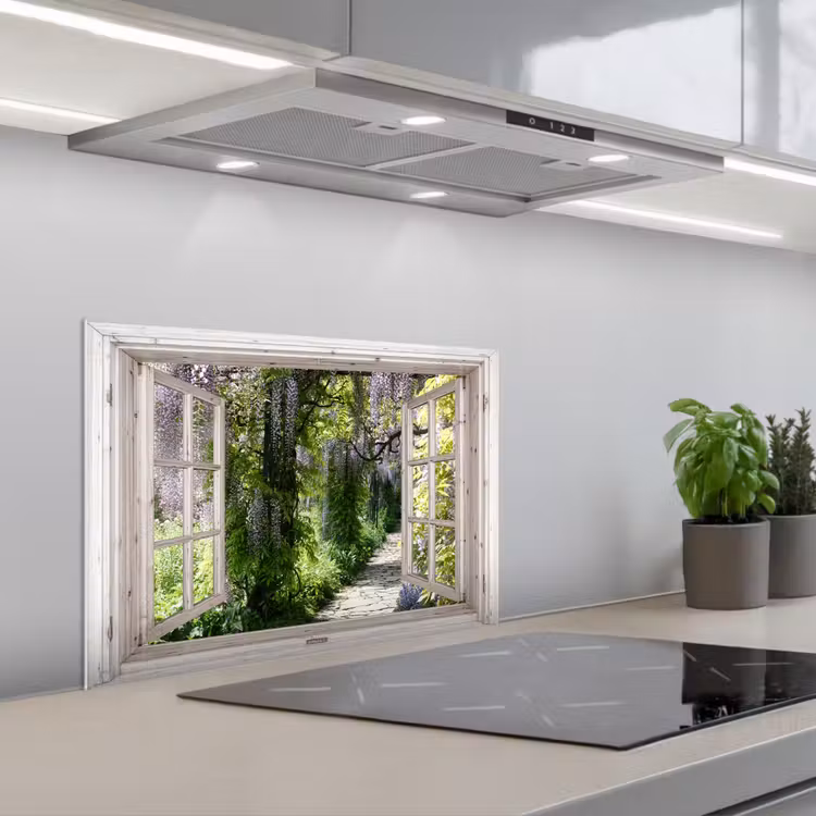 Blauwe regen - Bloemen - Doorkijk - Boom - Lente keuken achterwand spatscherm klein -3d_schuin
