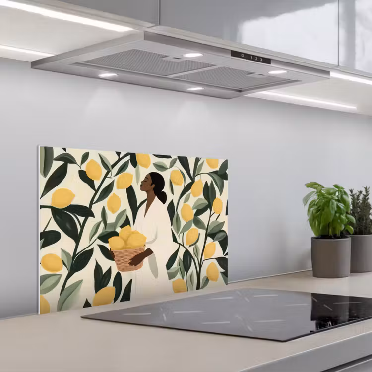 Vrouw - Mand - Citroenen - Bladeren keuken achterwand spatscherm klein -3d_schuin