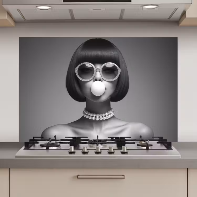 Vrouw - Zwart Wit - Ketting - Zonnebril keuken achterwand spatscherm klein -3d_website