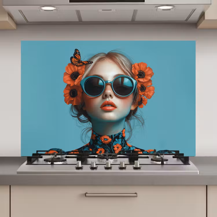 Vrouw - Blauw - Vlinder - Bloemen - Aesthetic keuken achterwand spatscherm klein -3d_website