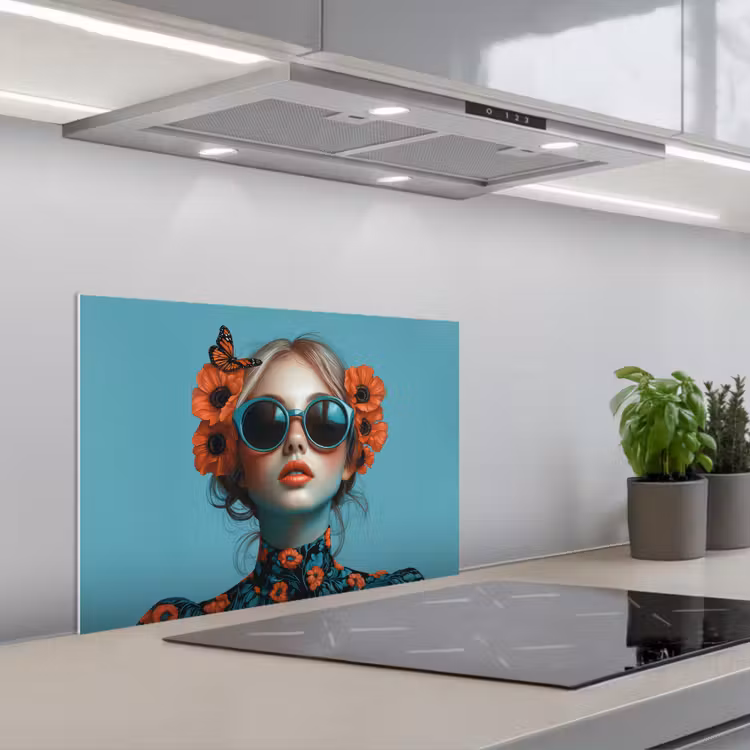 Vrouw - Blauw - Vlinder - Bloemen - Aesthetic keuken achterwand spatscherm klein -3d_schuin