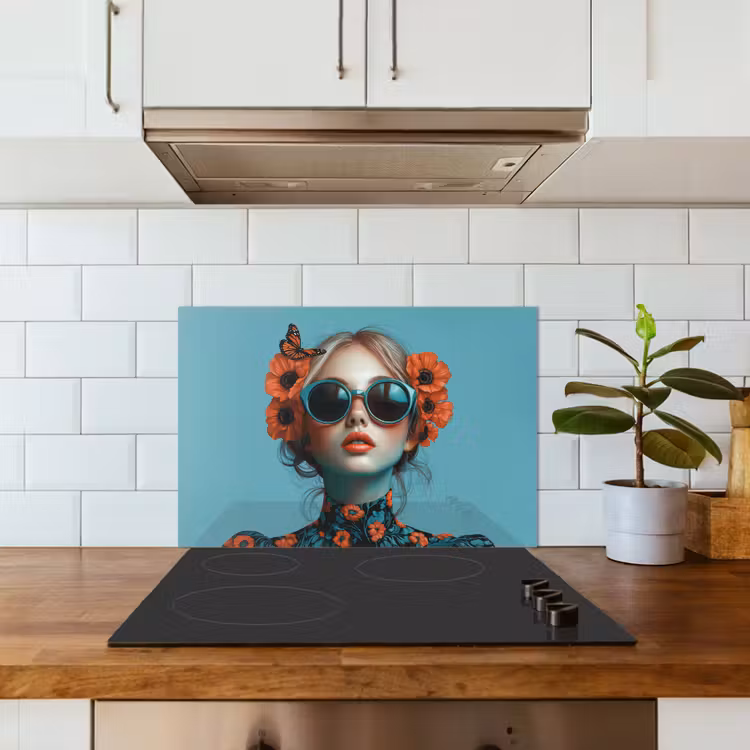Vrouw - Blauw - Vlinder - Bloemen - Aesthetic keuken achterwand spatscherm klein -sfeer2