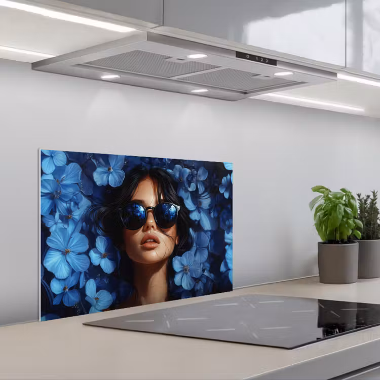 Vrouw - Blauw - Bloemen - Vlinders - Natuur keuken achterwand spatscherm klein -3d_schuin