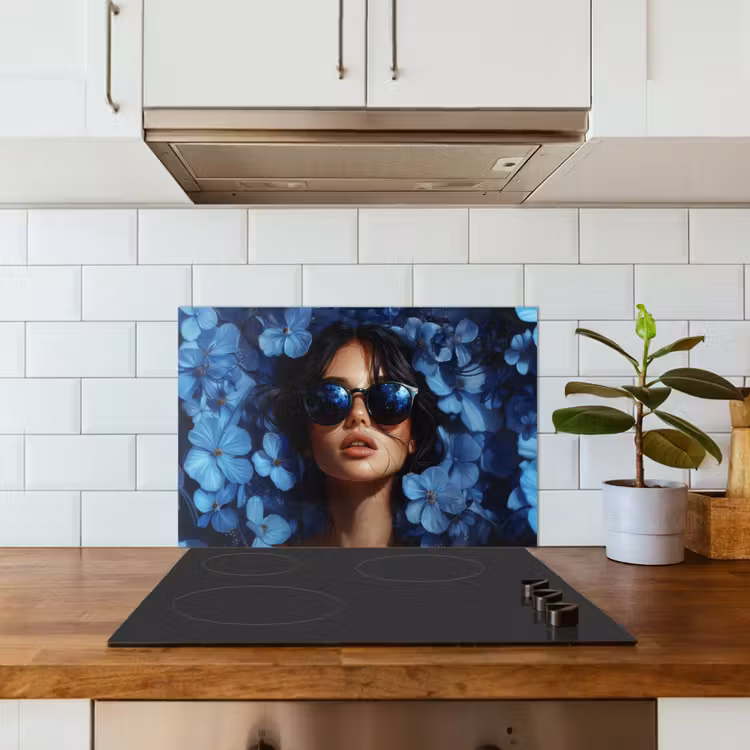 Vrouw - Blauw - Bloemen - Vlinders - Natuur keuken achterwand spatscherm klein -sfeer2