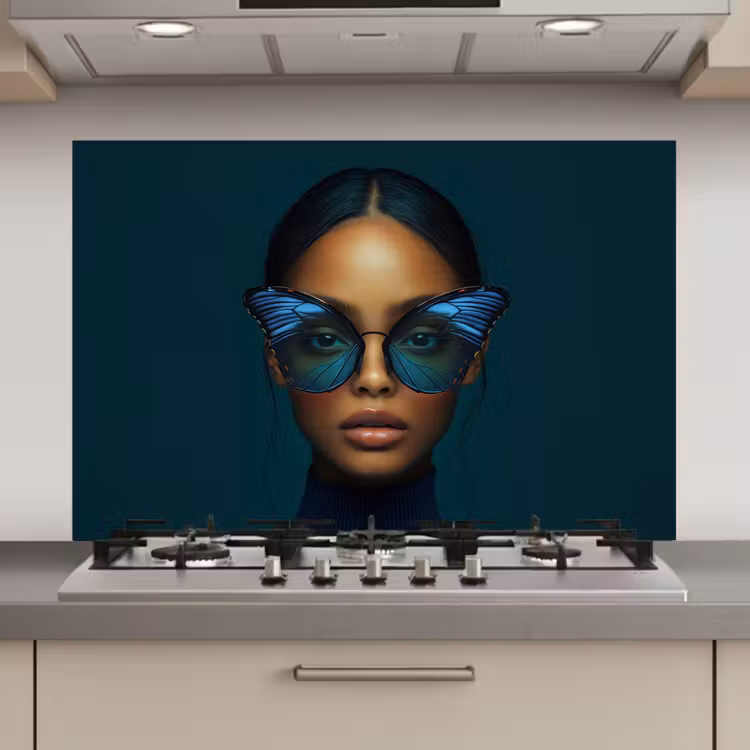 Vrouw - Vlinder - Bril - Blauw - Modern - Portret keuken achterwand spatscherm klein -3d_website