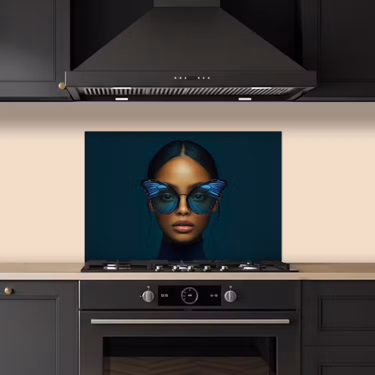 Vrouw - Vlinder - Bril - Blauw - Modern - Portret keuken achterwand spatscherm klein -sfeer1