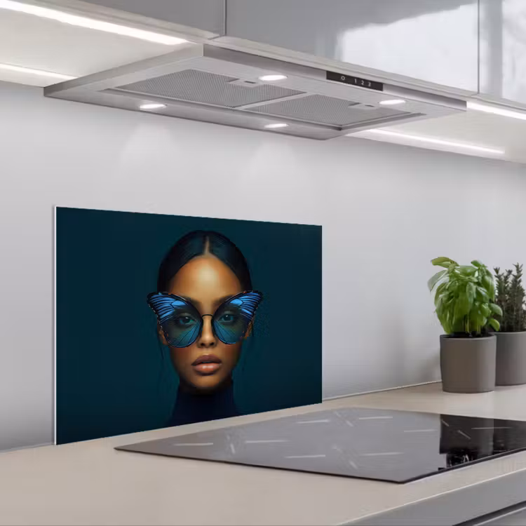 Vrouw - Vlinder - Bril - Blauw - Modern - Portret keuken achterwand spatscherm klein -3d_schuin