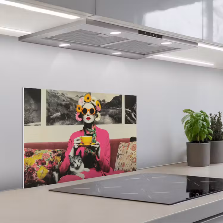 Vrouw - Kat - Bloemen - Kopje - Retro keuken achterwand spatscherm klein -3d_schuin