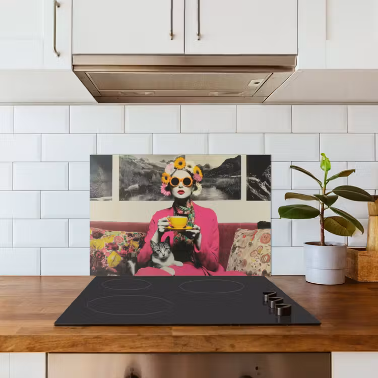 Vrouw - Kat - Bloemen - Kopje - Retro keuken achterwand spatscherm klein -sfeer2