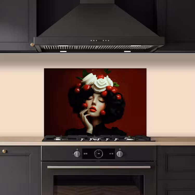Vrouw - Kersen - Slagroom keuken achterwand spatscherm klein -sfeer1