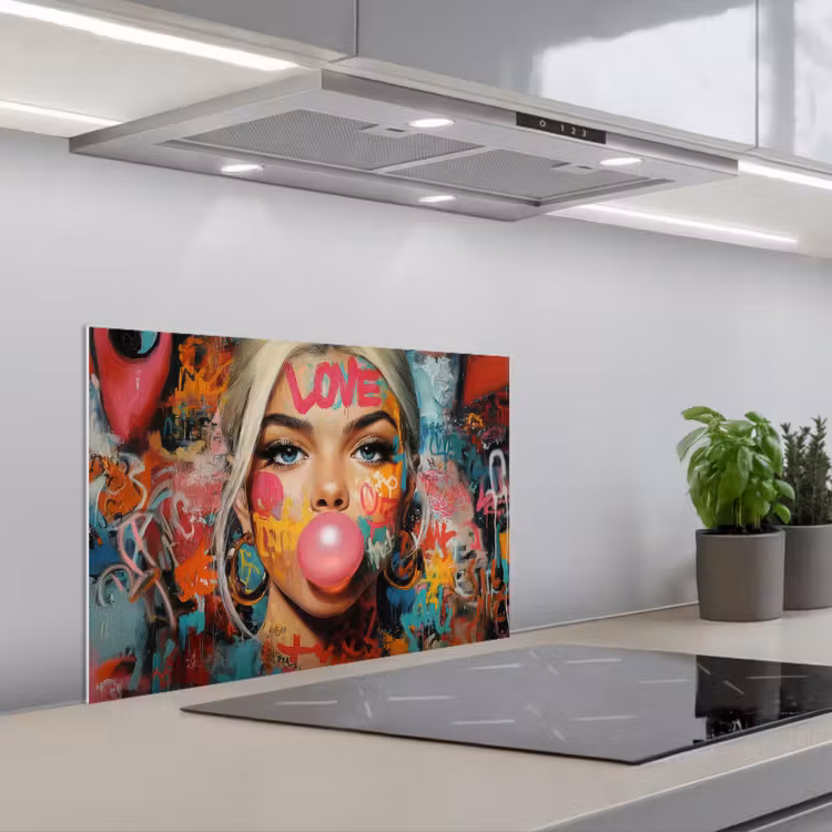 Vrouw - Kauwgom - Graffiti - Love keuken achterwand spatscherm klein -3d_schuin