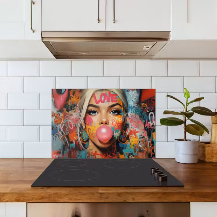 Vrouw - Kauwgom - Graffiti - Love keuken achterwand spatscherm klein -sfeer2
