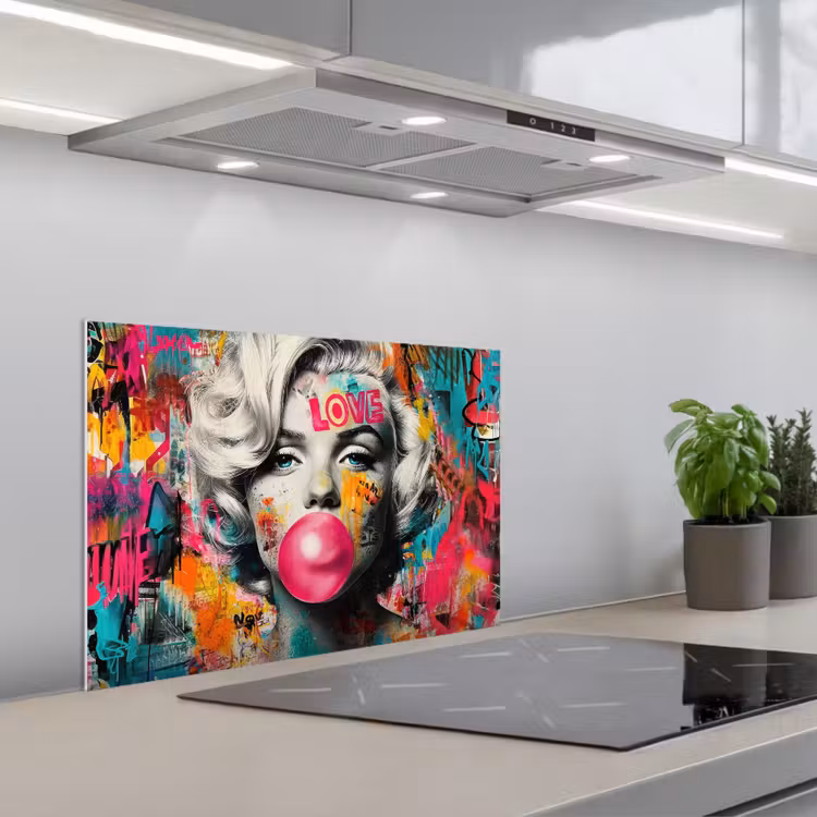 Vrouw - Kauwgom - Graffiti - Neonkleuren keuken achterwand spatscherm klein -3d_schuin