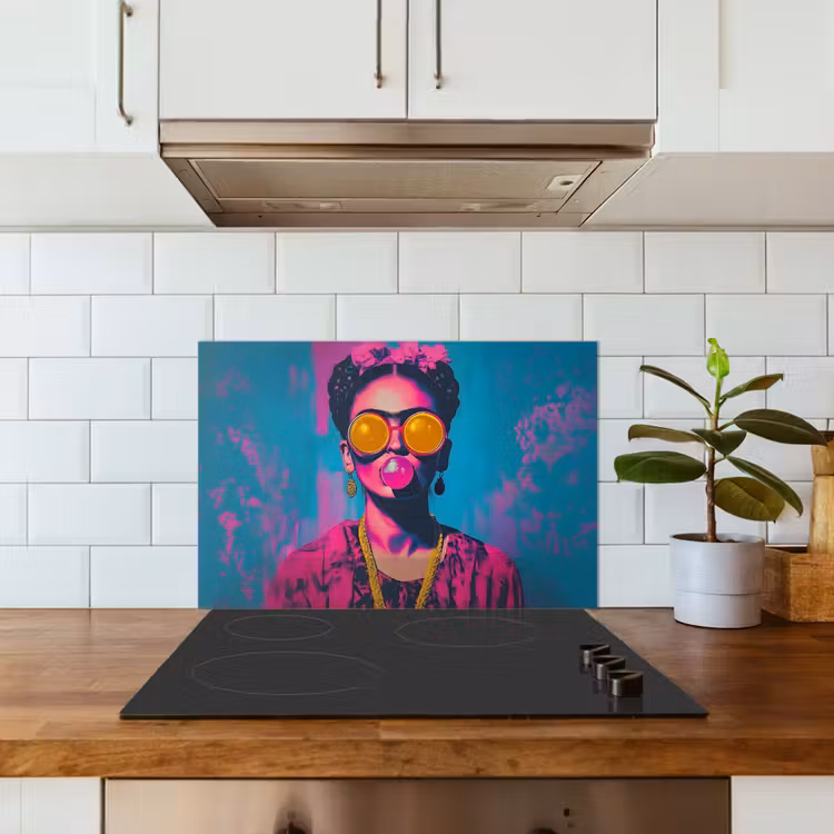 Vrouw - Kauwgom - Zonnebril - Oranje keuken achterwand spatscherm klein -sfeer2