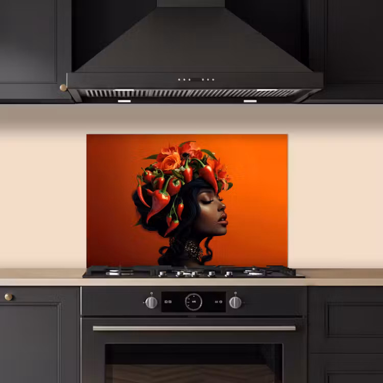 Vrouw - Chilipepers - Pepers - Bloemen keuken achterwand spatscherm klein -sfeer1
