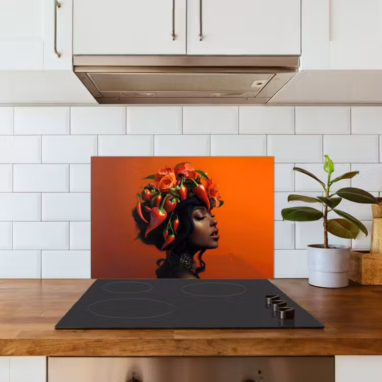 Vrouw - Chilipepers - Pepers - Bloemen keuken achterwand spatscherm klein -sfeer2