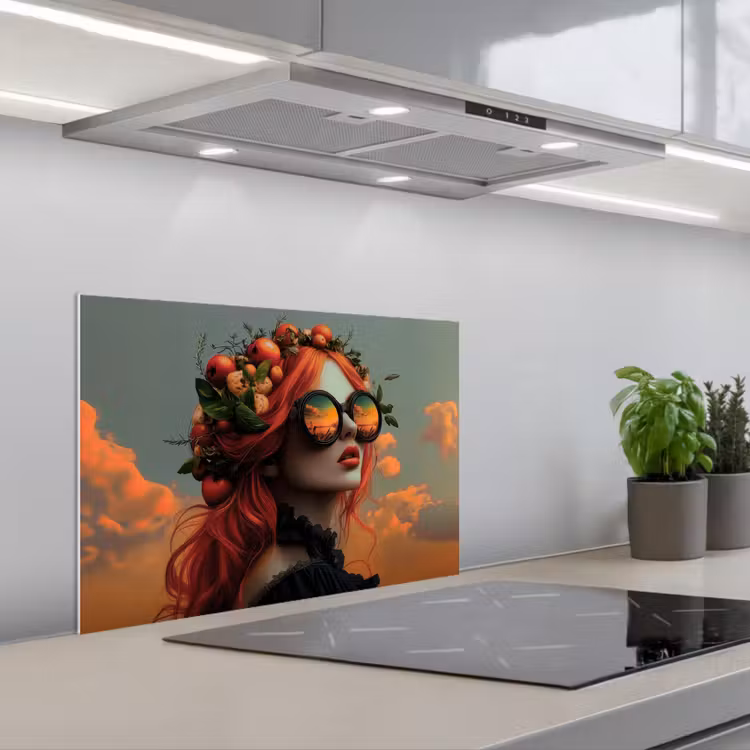 Vrouw - Kroon - Tomaat - Bascilicum - Zonnebril keuken achterwand spatscherm klein -3d_schuin