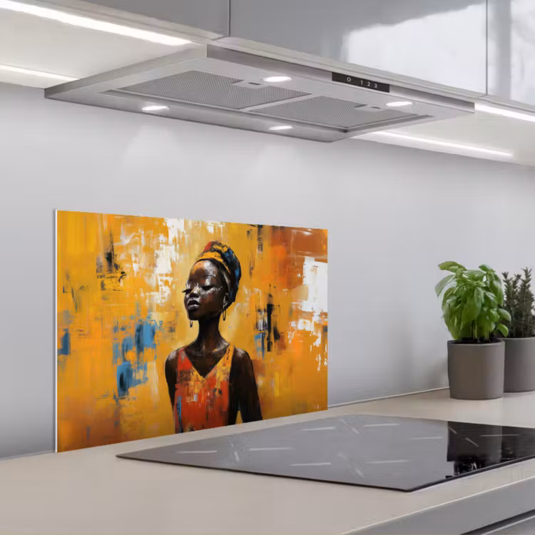 Vrouw - Ogen - Penseelstreken - Geel keuken achterwand spatscherm klein -3d_schuin