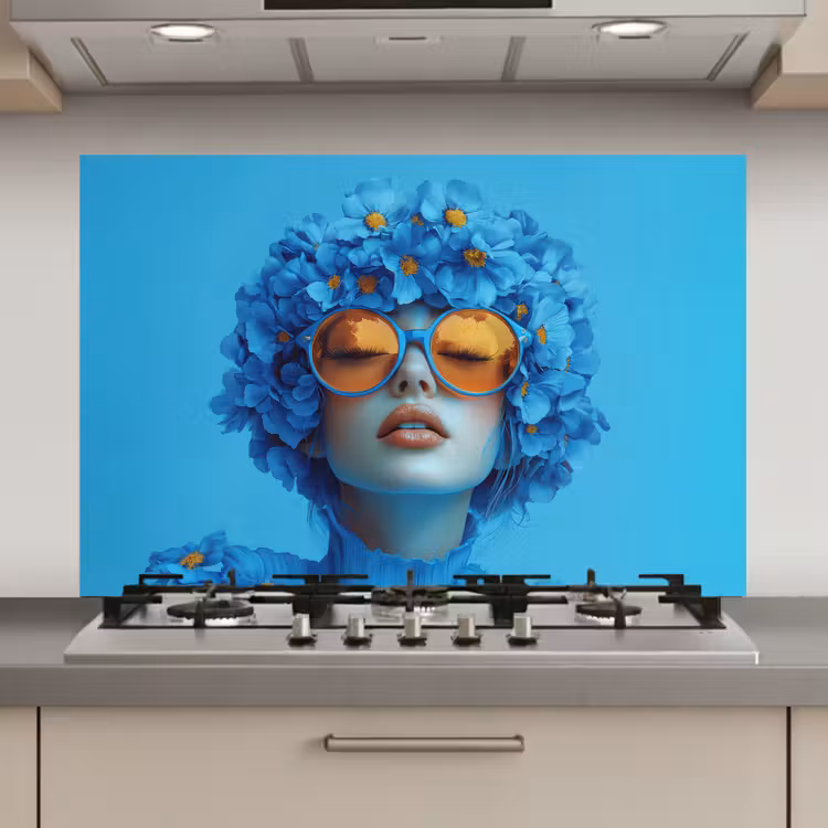 Vrouw - Bloem - Blauw - Modern - Bril - Portret keuken achterwand spatscherm klein -3d_website