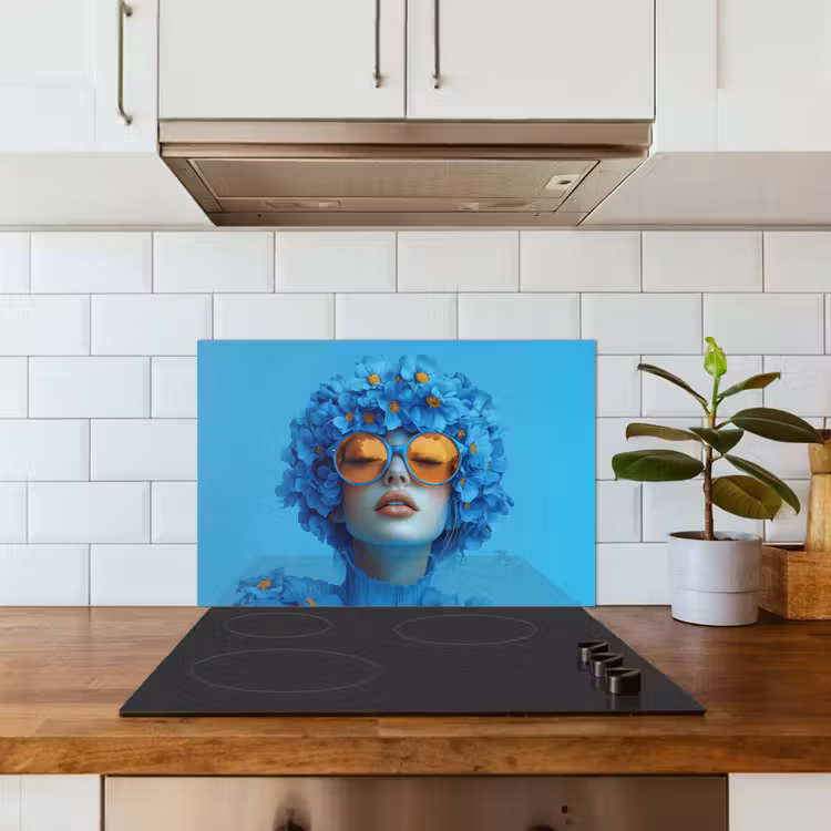 Vrouw - Bloem - Blauw - Modern - Bril - Portret keuken achterwand spatscherm klein -sfeer2