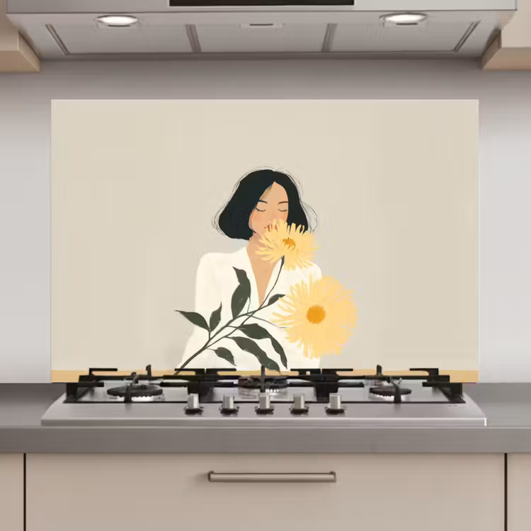 Vrouw - Bloem - Geel - Minimalistisch keuken achterwand spatscherm klein -3d_website