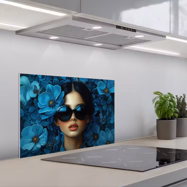 Vrouw - Bloemen - Blauw - Aesthetic - Luxe keuken achterwand spatscherm klein -3d_schuin