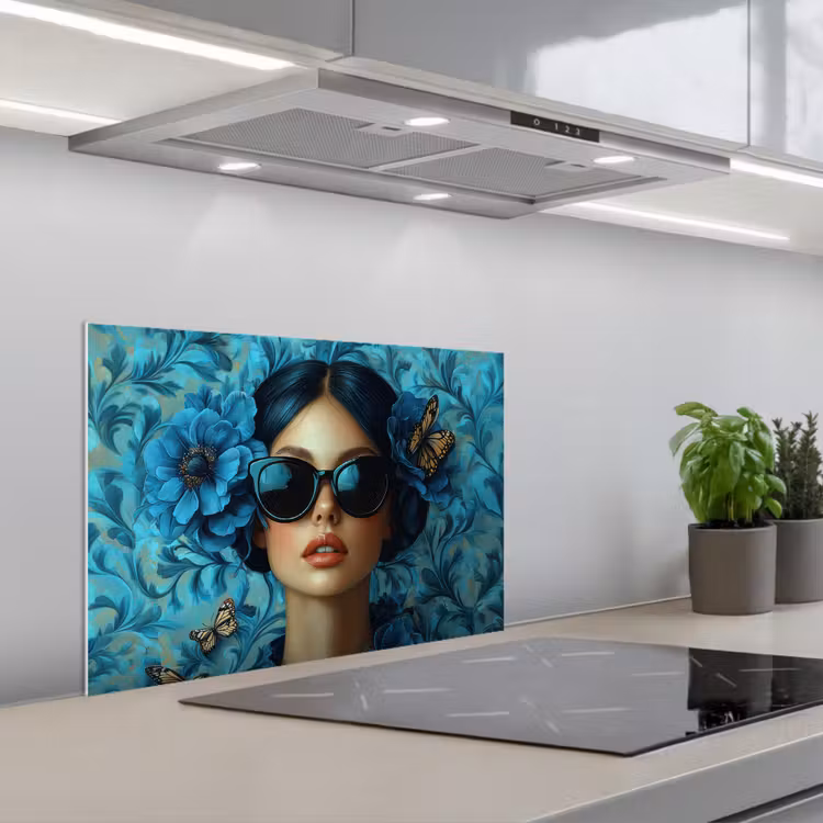 Vrouw - Bloemen - Vlinders - Blauw - Abstract keuken achterwand spatscherm klein -3d_schuin
