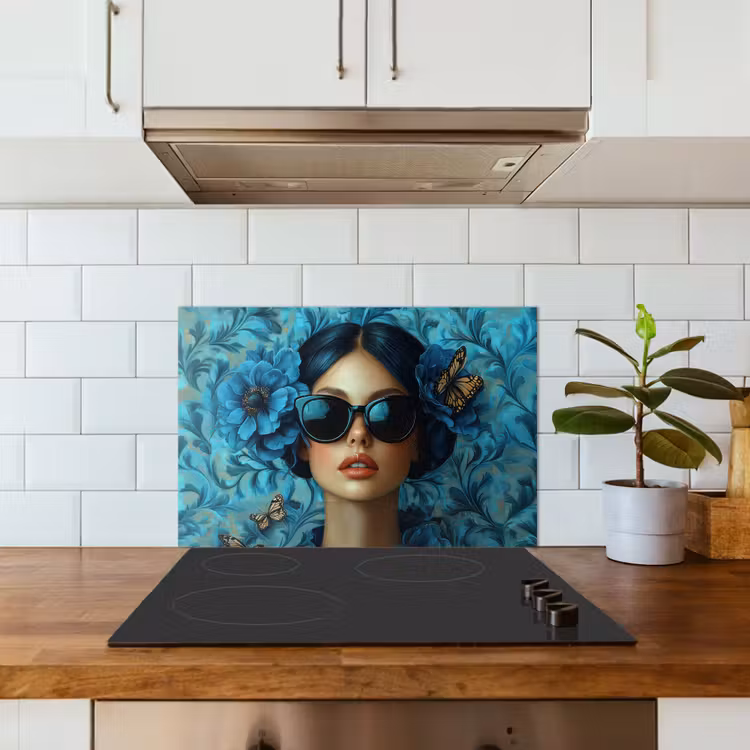 Vrouw - Bloemen - Vlinders - Blauw - Abstract keuken achterwand spatscherm klein -sfeer2