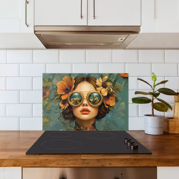 Vrouw - Bloemen - Vlinders - Natuur - Vintage keuken achterwand spatscherm klein -sfeer2