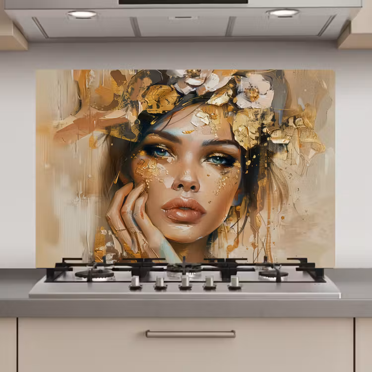 Vrouw - Bloemen - Goud - Portret keuken achterwand spatscherm klein -3d_website